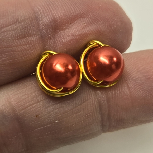 Hand Crafted Jewelry - Hand Crafted Gold and Red Faux Pearl Post Earrings